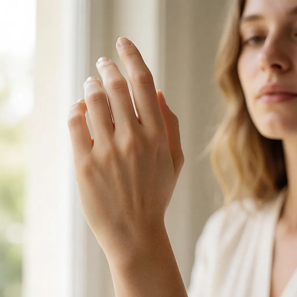 Una gota de aceite de almendras sobre el dorso de una mano junto a la ventana