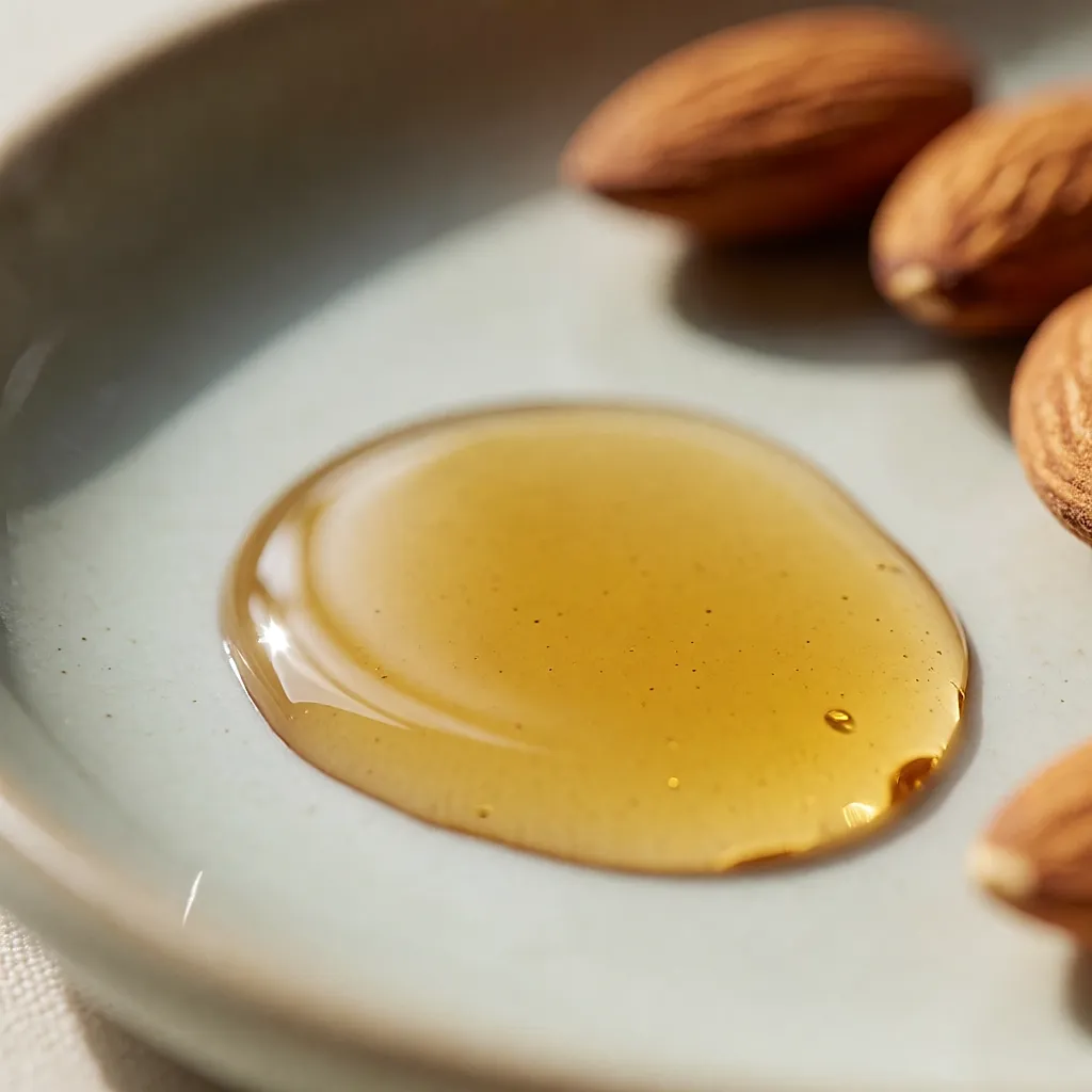 Macro de una gota de aceite de almendras extendiéndose sobre una superficie cerámica lisa