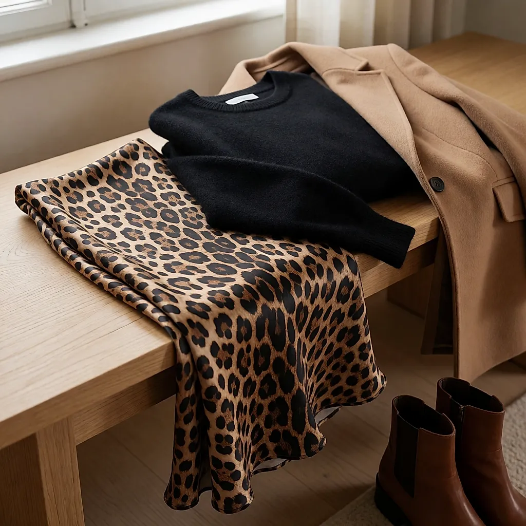 Um conjunto de outono com saia de leopardo em cetim, camisola preta, casaco camel e botas