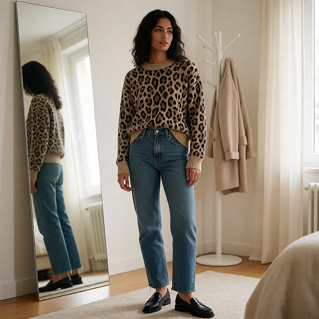 Mulher jovem com camisola de leopardo, calças de ganga cruas e mocassins