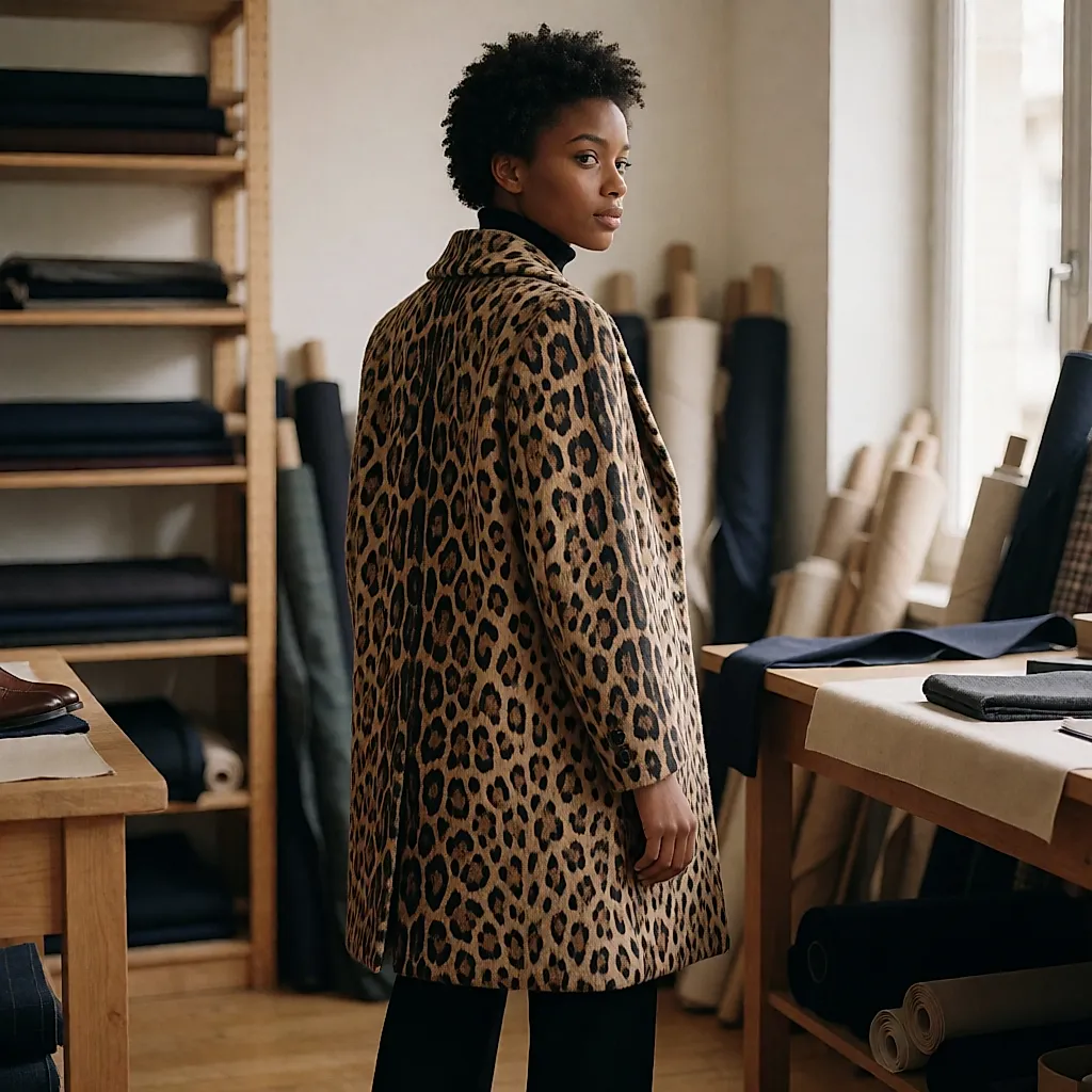 Mulher jovem com casaco clássico de leopardo em lã num atelier de costura