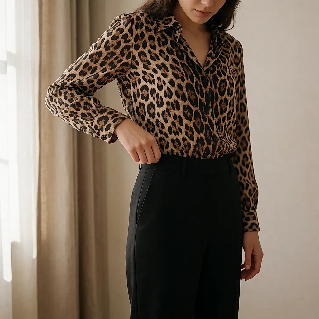 Blusa de leopardo usada com calças pretas direitas num provador