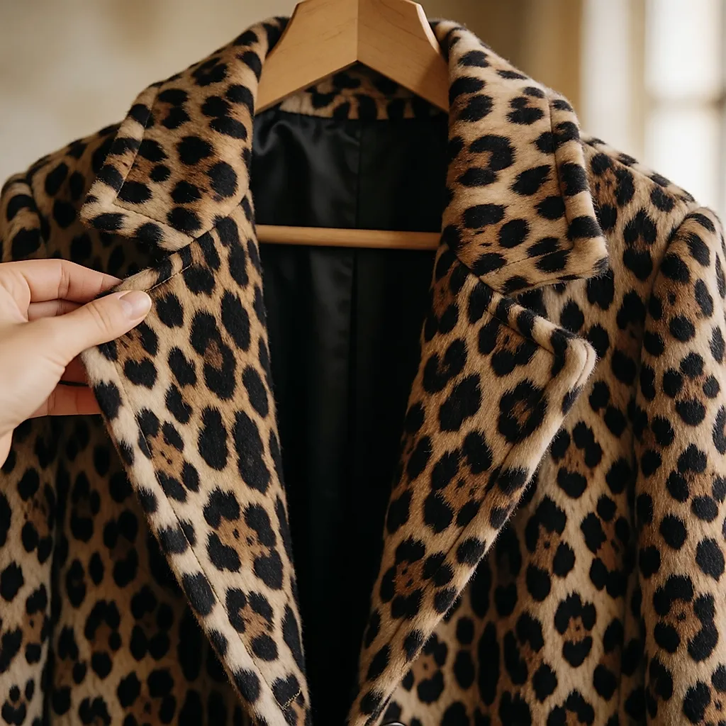 Detalhe de um casaco de leopardo em lã com costura e forro visíveis