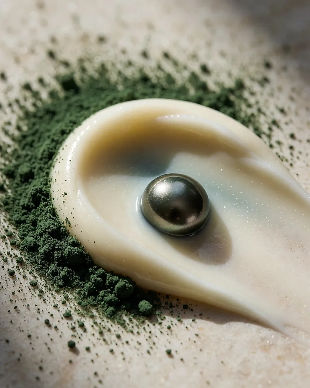 Makroaufnahme einer Creme-Textur, mit Spirulina bestreut, und einer dunklen Perle
