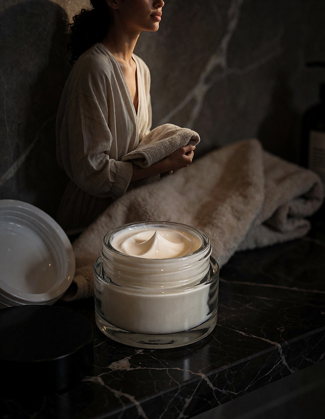 Pot de crème de nuit en verre ouvert sur une étagère de salle de bain le soir
