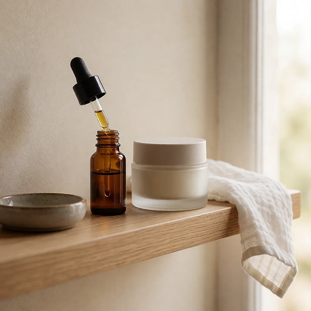 Anti-Aging-Pflege gegen Pigmentflecken: Serumflasche und Nachtcreme im Morgenlicht