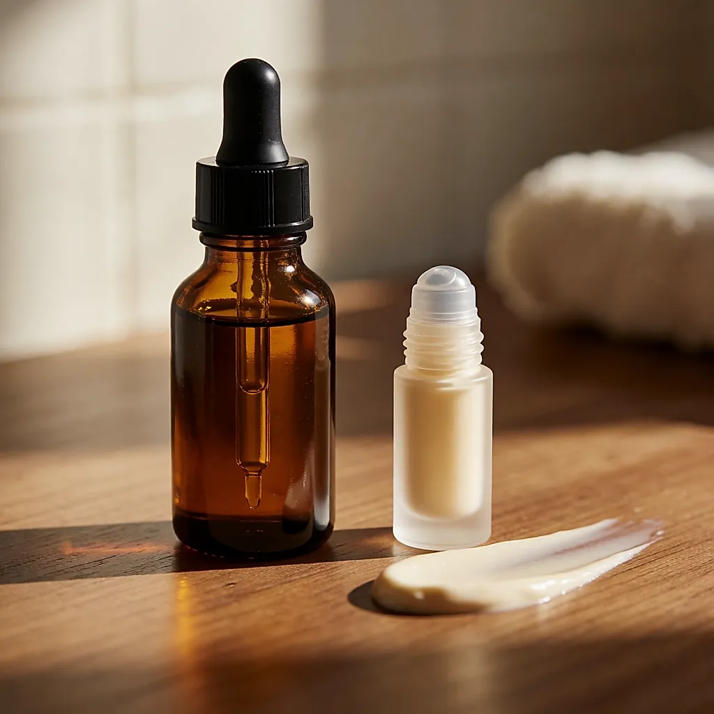 Aufhellendes Serum und Roll-on gegen Pigmentflecken im warmen Licht