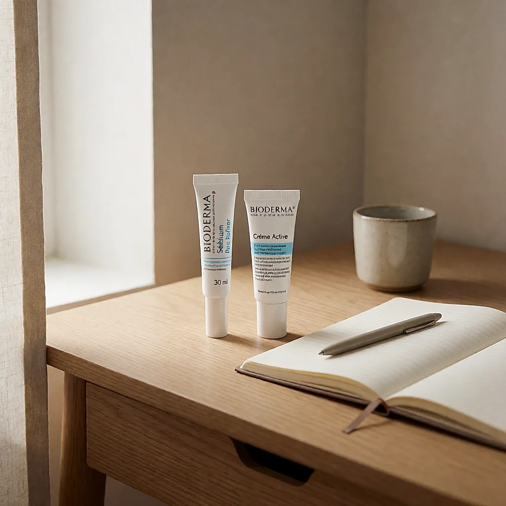 Bioderma Crème Active and Sébium Pore Refiner tubes on a desk beside an open notebook