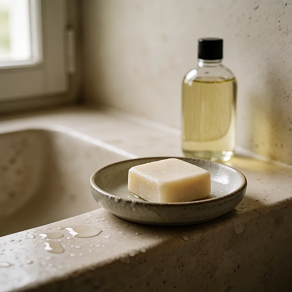 Festes Shampoo in einer Keramikschale am Waschbeckenrand
