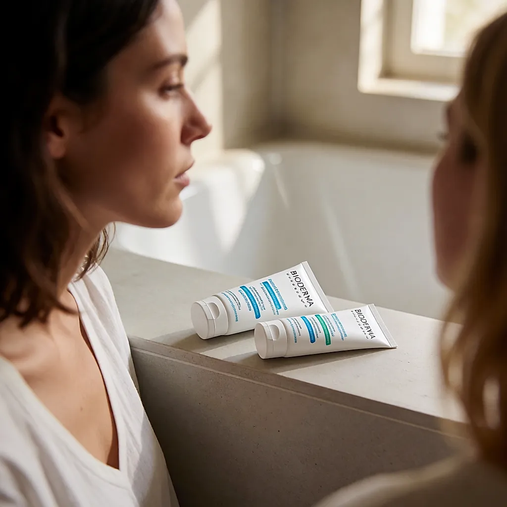 Zwei weiße Bioderma-Tuben auf einer hellen Badezimmerablage
