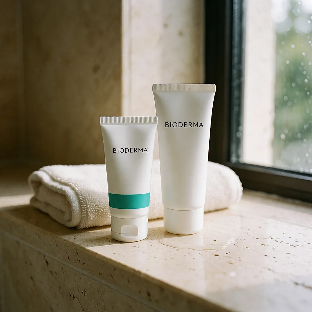 Zwei weiße Pflegetuben von Bioderma, eine mit tealgrünem Farbakzent, stehen auf einer hellen Steinablage im Badezimmer