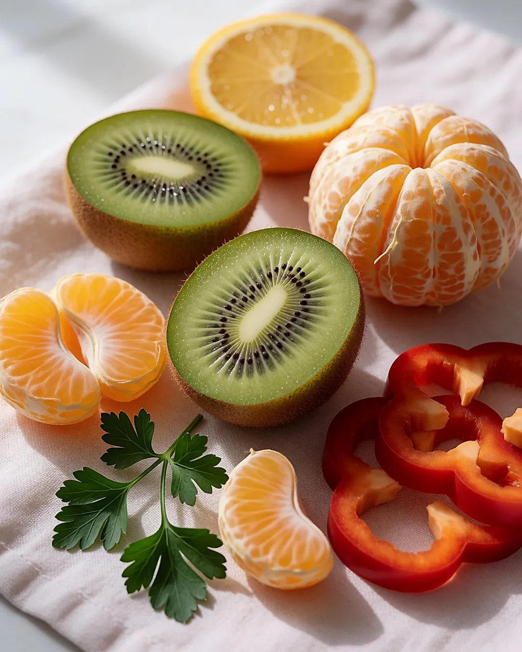 Aufgeschnittene Kiwis, Orangenspalten und Streifen roher Paprika auf einem hellen Tuch, von oben fotografiert