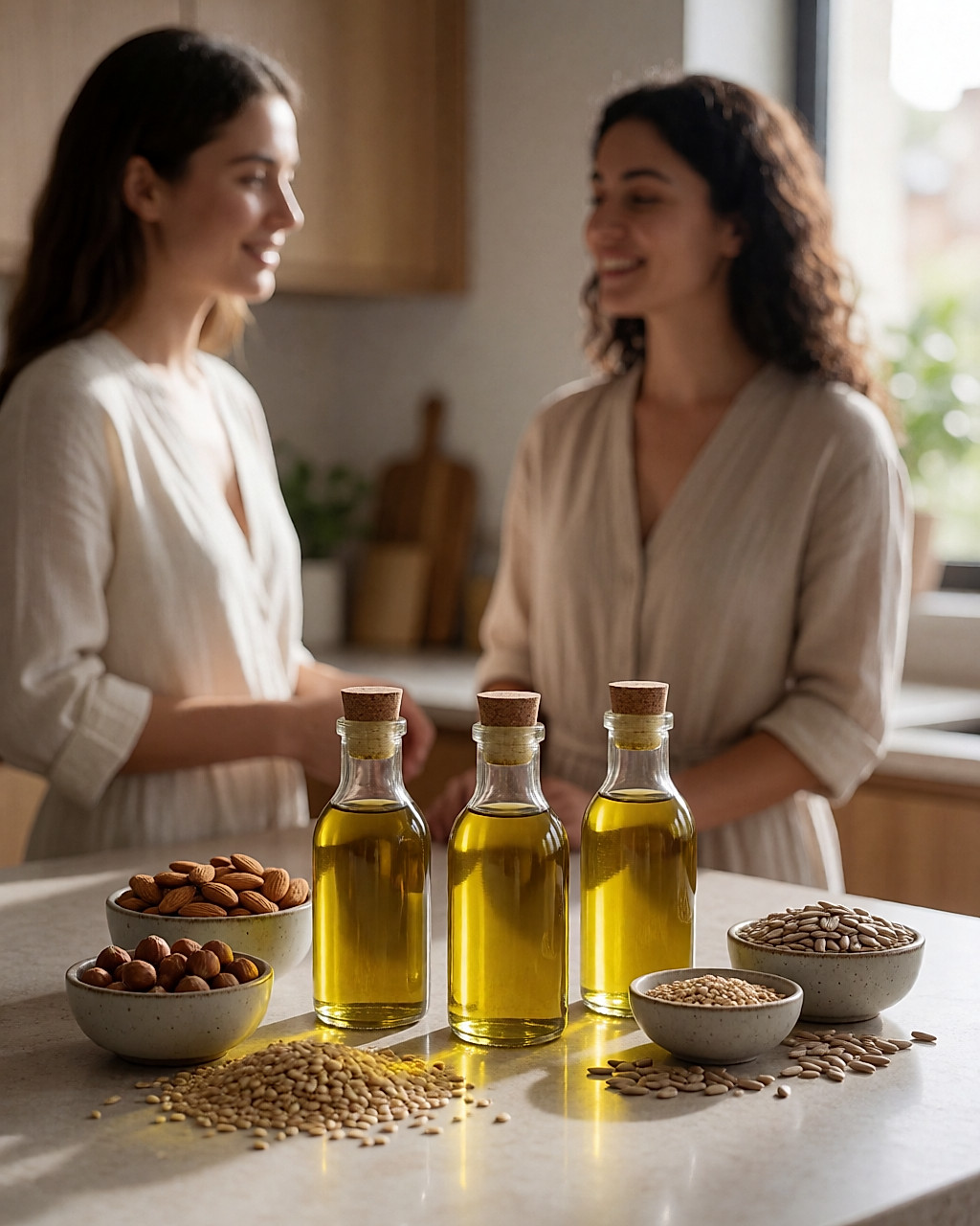 Petites bouteilles d'huiles végétales en verre et bols d'amandes et de graines de tournesol sur un plan de travail