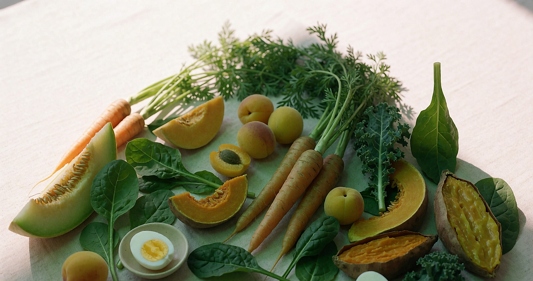Carottes, courge, patate douce, abricots et jeunes pousses riches en caroténoïdes
