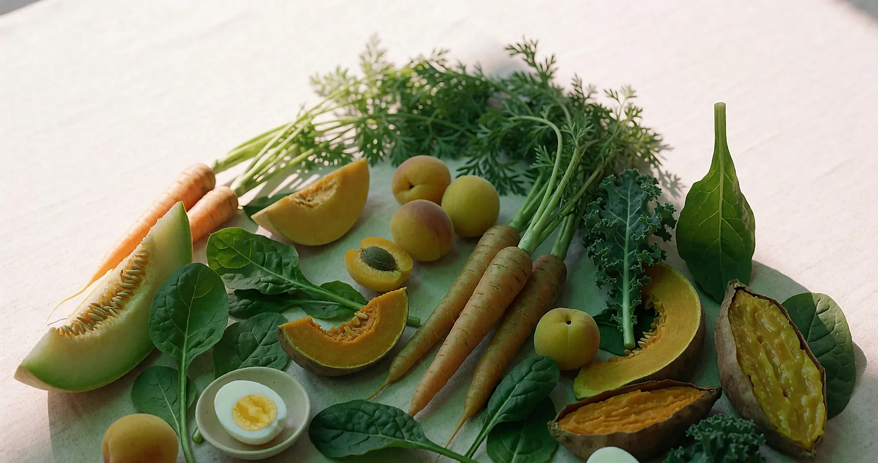 Karotten, Kürbis, Süßkartoffel, Aprikosen und junge Blätter mit vielen Carotinoiden