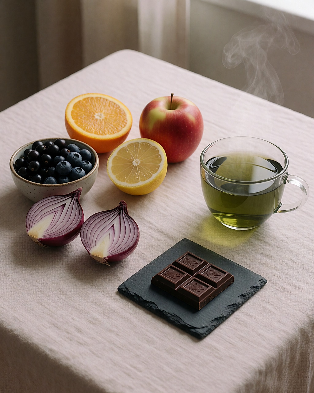 Baies noires, agrumes, oignon rouge et thé vert, sources de flavonoïdes