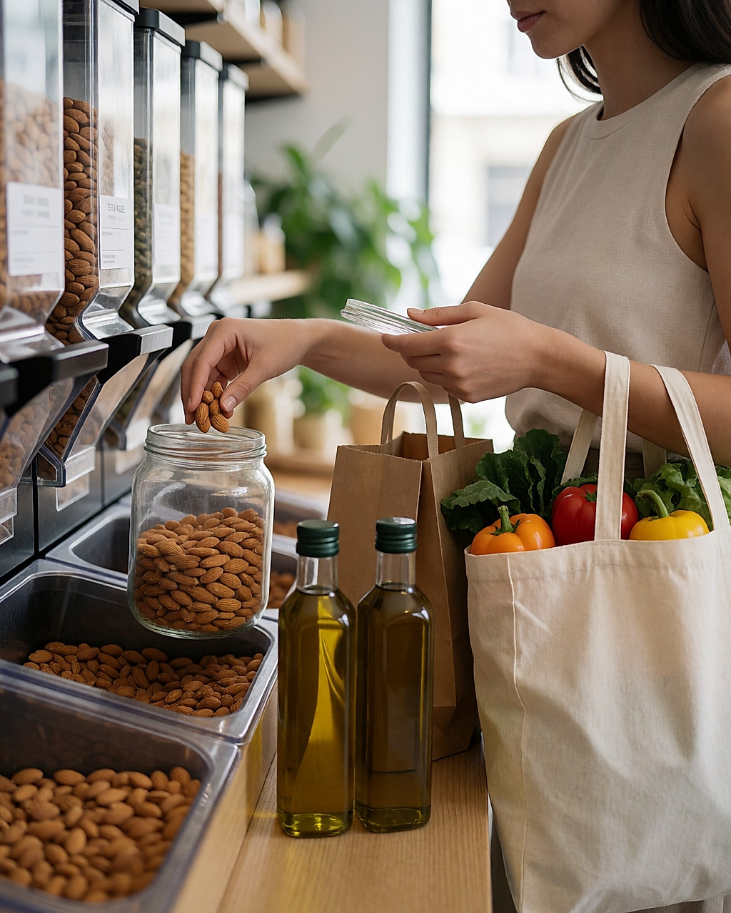 Mains remplissant un bocal d'amandes en vrac dans une épicerie lumineuse