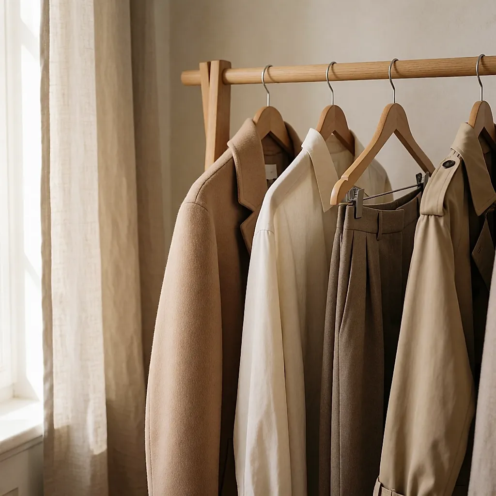 Peças neutras — camel, cru, taupe e areia — penduradas numa vara de guarda-roupa