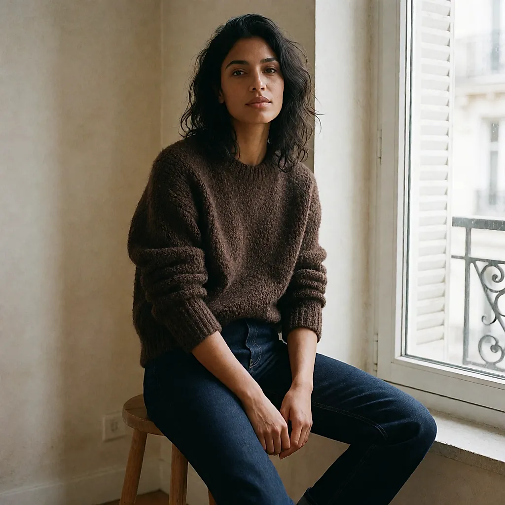 Uma camisola chocolate em lã bouclé usada com jeans crus, junto a uma janela