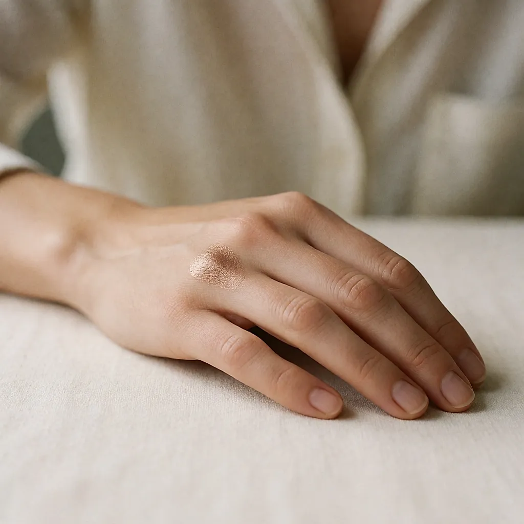 Noisette de fard crème déposée sur le dos de la main, texture satinée visible