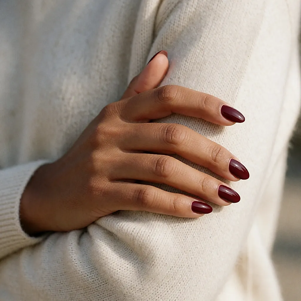 Ongles courts laqués rouge profond reposant sur une manche en maille écru