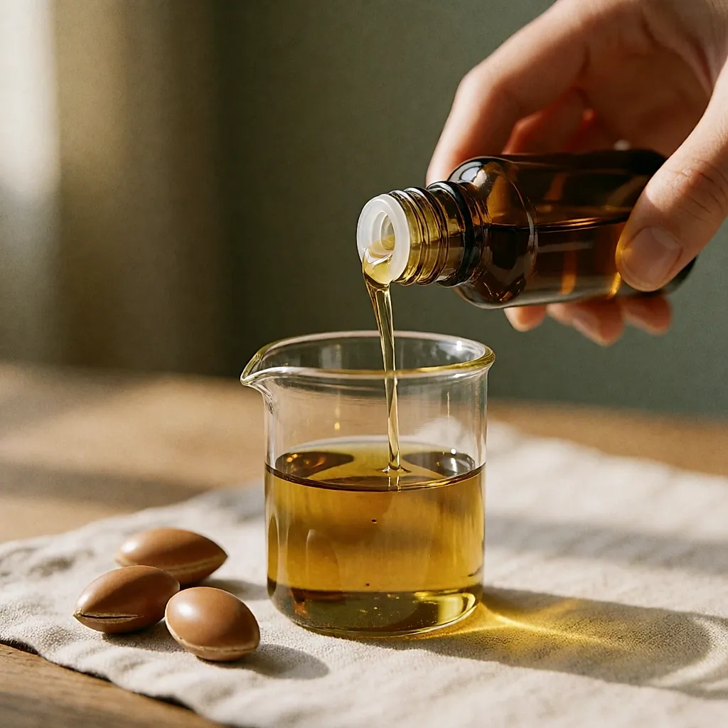 Goldenes Arganöl wird kalt gepresst in ein Glasgefäß gefüllt