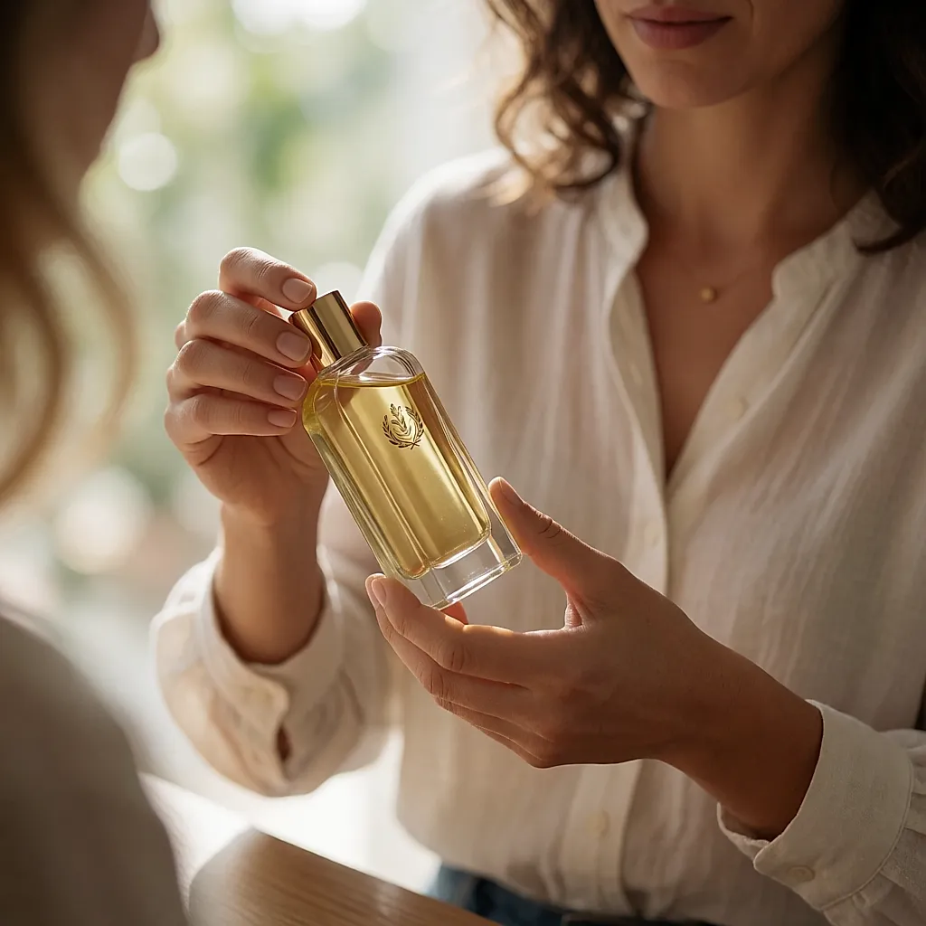 Hände drehen eine Arganölflasche ins Licht, um die Inhaltsstoffe zu lesen