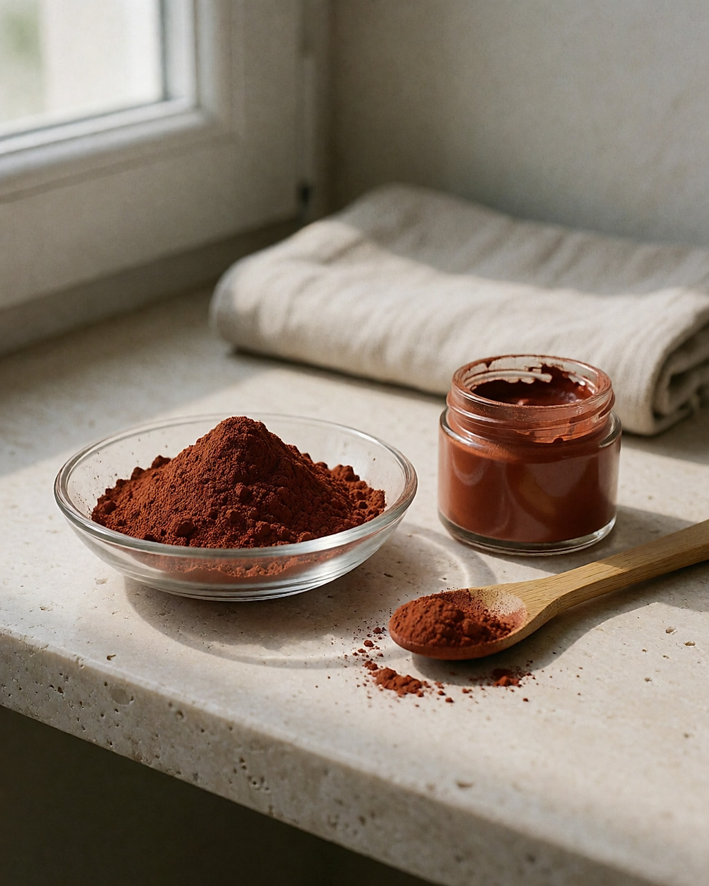 Red clay powder in a glass bowl and a small pot of ready-to-use clay on a light stone shelf