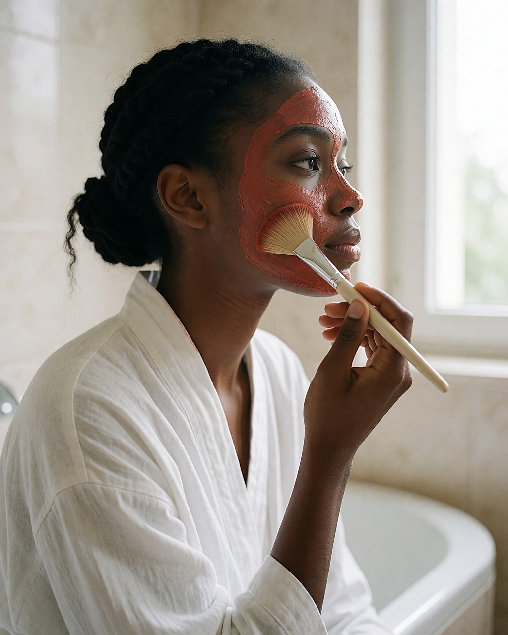 Young Black woman applying a red clay mask with a brush to her cheekbone in a bright bathroom