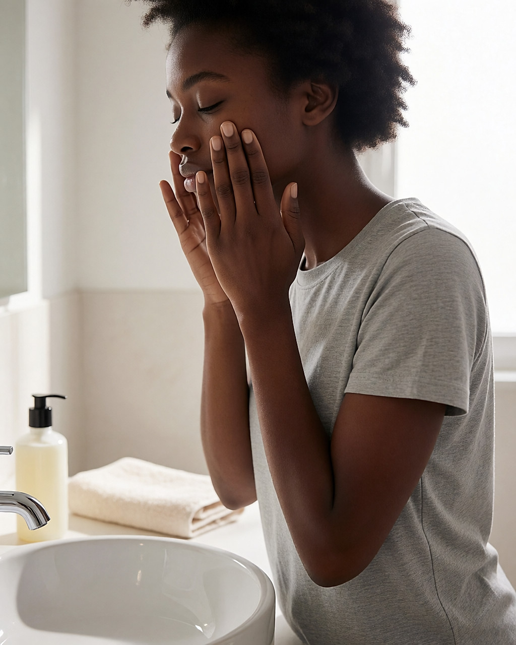 Young woman massaging a soap-free cleansing gel onto her face with lukewarm water in a bright bathroom