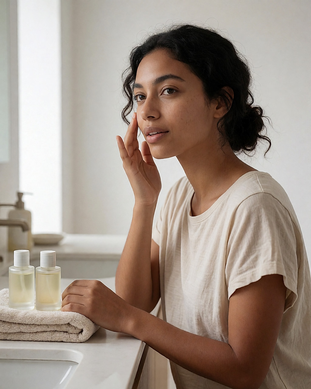 Jeune femme appliquant sa crème hydratante sur la joue, assise devant un plan de salle de bain lumineux