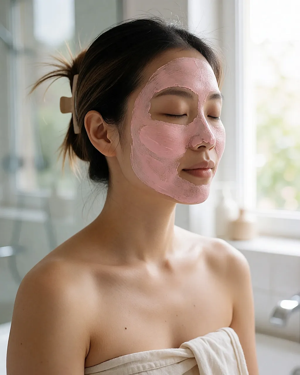 Mujer joven con el pelo recogido y una capa fina de mascarilla de arcilla rosa en el rostro, luz suave