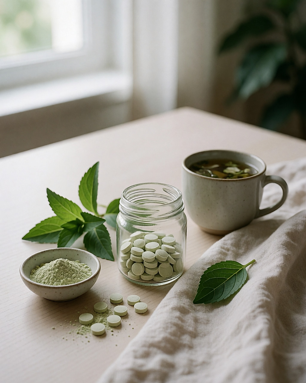 Pot en verre de stévia en tablettes, poudre verte et feuilles fraîches près d'une tasse d'infusion