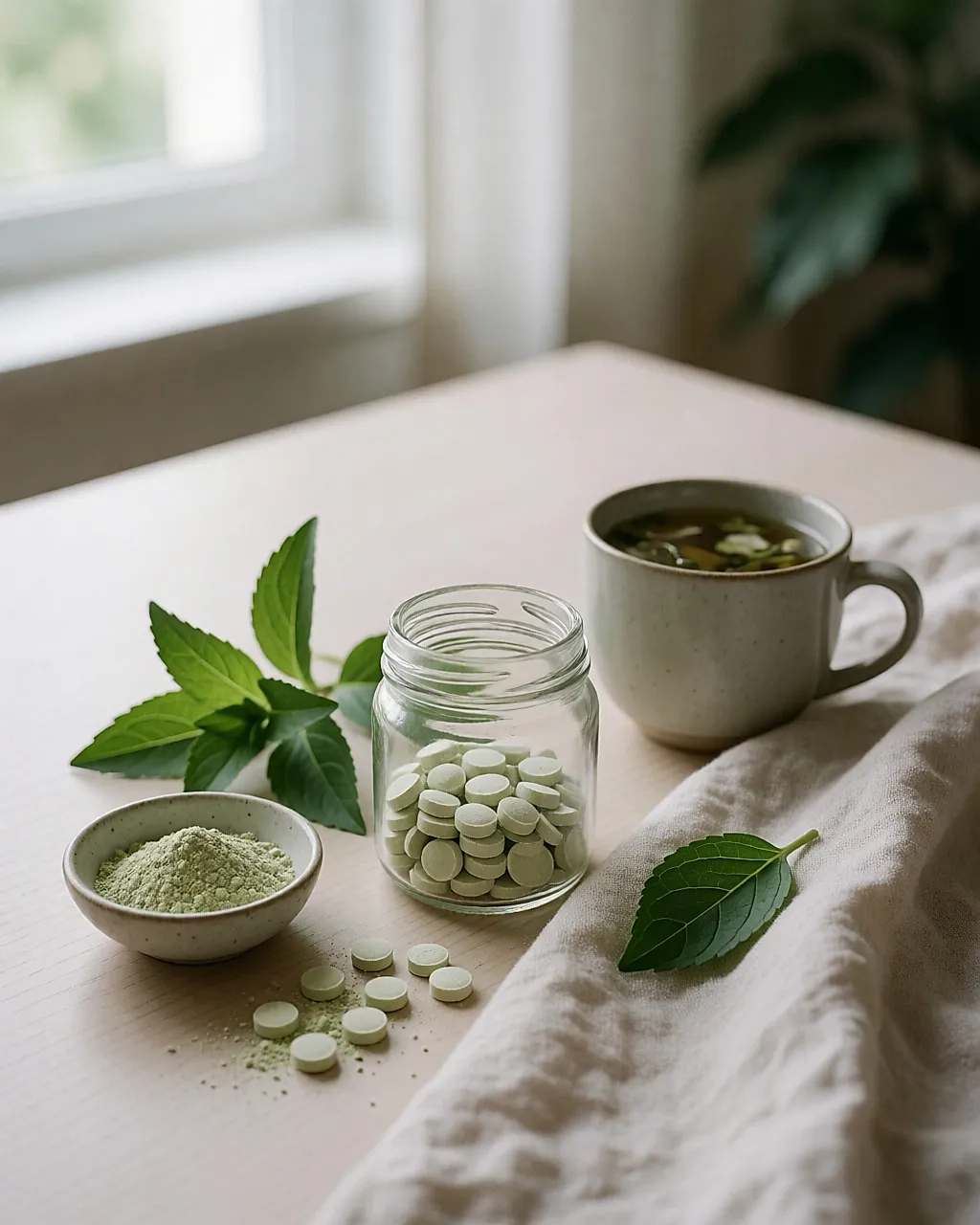 Glasdose mit Stevia-Tabletten, grünes Pulver und frische Blätter neben einer Tasse Kräutertee