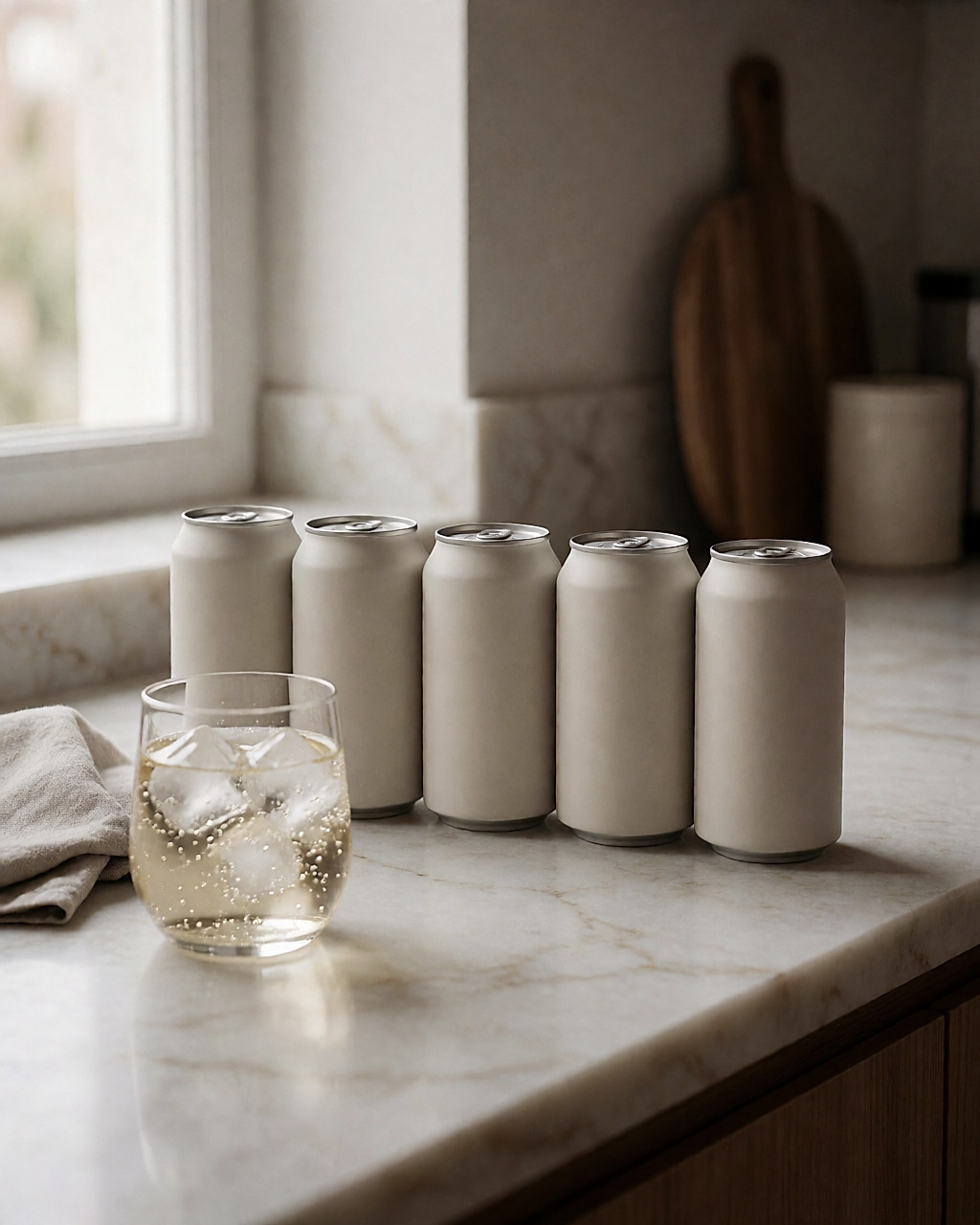Des canettes de soda light sans marque alignées sur un comptoir de cuisine clair