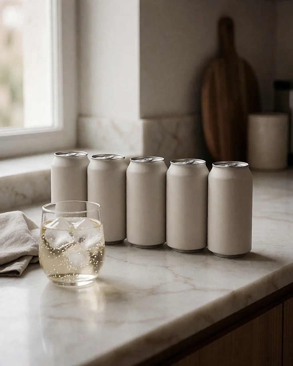 Markenlose Light-Softdrink-Dosen auf einer hellen Küchenarbeitsplatte