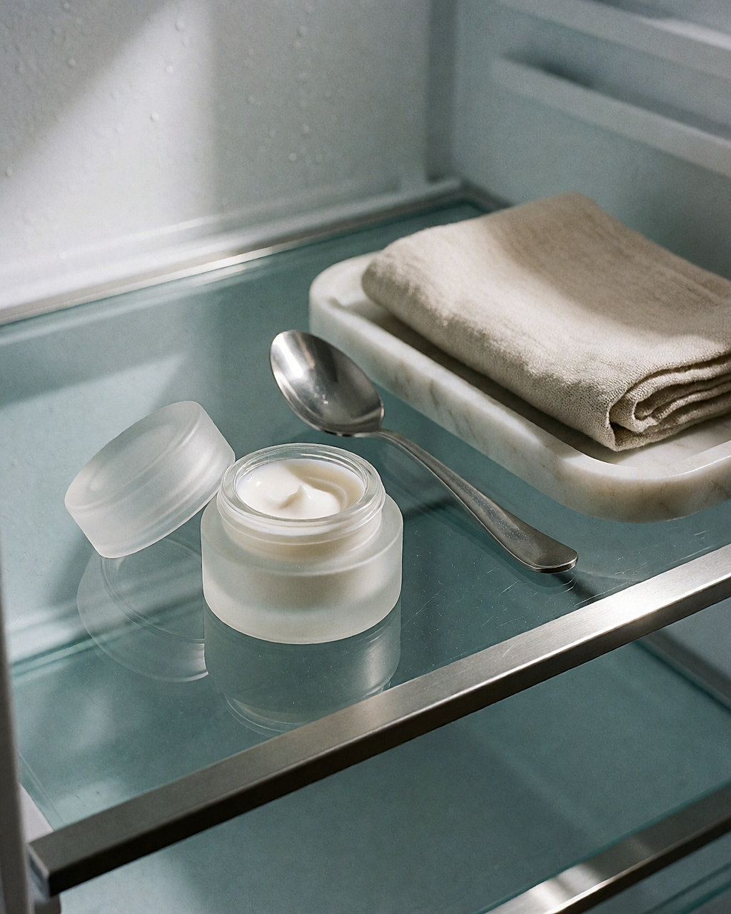 Pot de crème contour des yeux au frais, cuillère glacée et compresse de lin sur un plateau