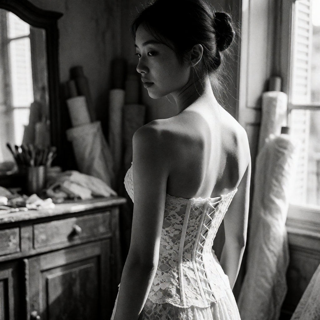 Photo noir et blanc d'une jeune femme de dos en bustier de dentelle dans un atelier parisien ancien