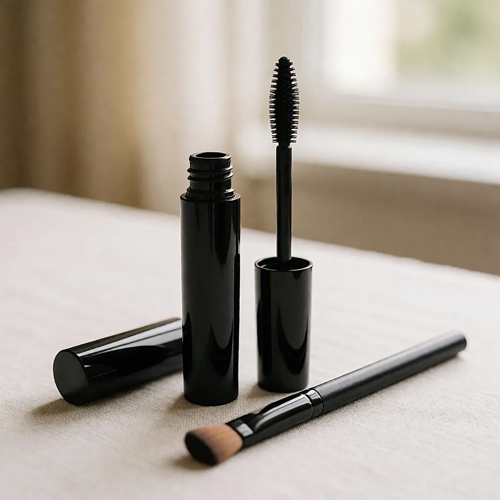 Geöffnete schwarze Mascara mit Bürste, Kajalstift und Pinsel auf Leinen im Tageslicht