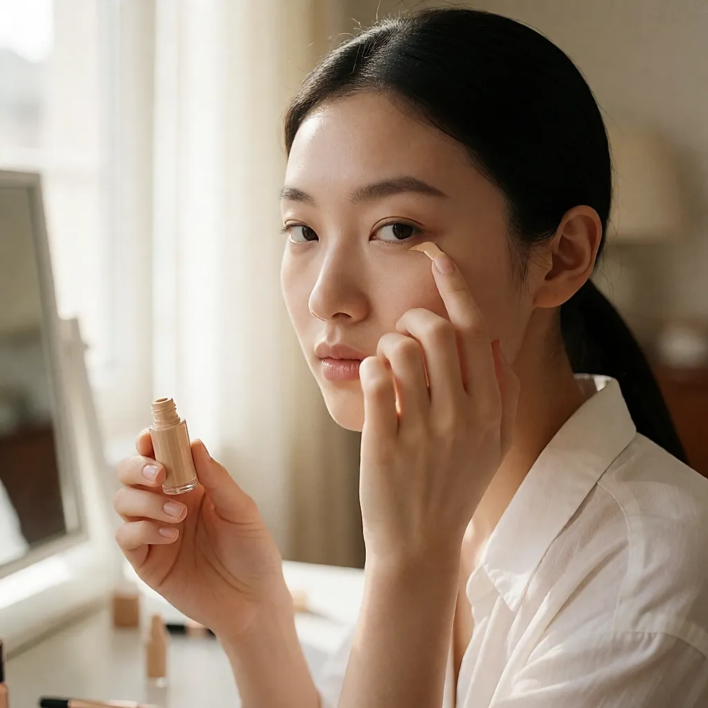 Junge Frau, die Concealer mit dem Finger unter dem Auge einklopft