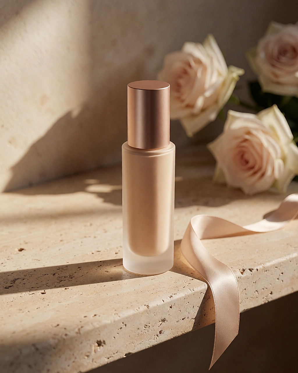 Glass tanning lotion bottle with a gold cap on a beige stone in golden light