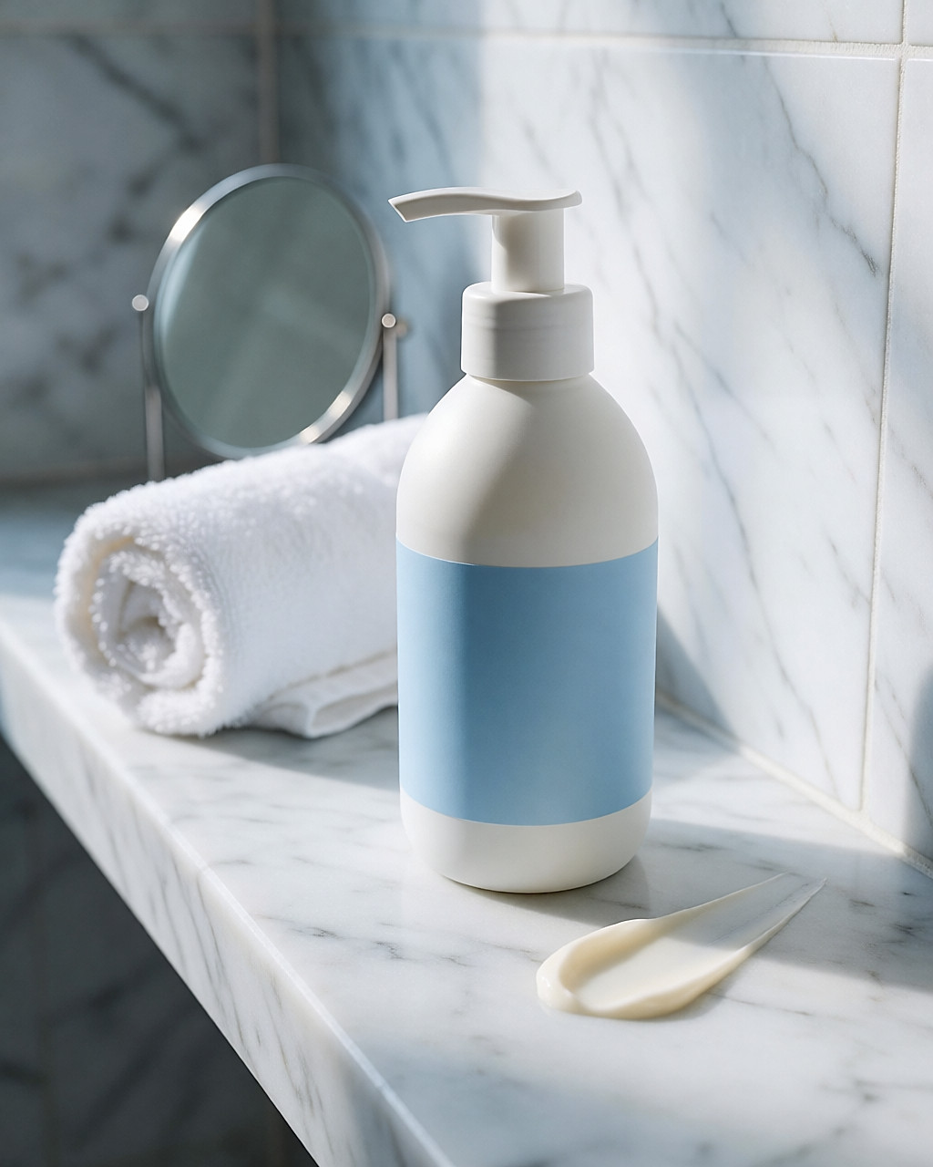White pump bottle on a marble shelf, with a fine trail of self-tan lotion spread beside it