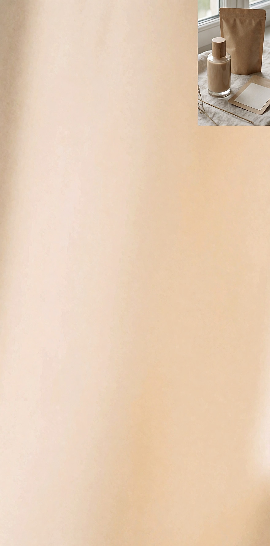 Glass bottle with a wooden cap next to a kraft paper refill on pale linen