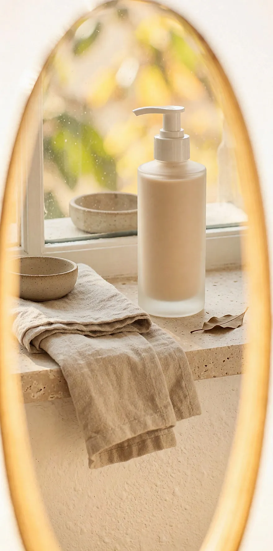 Pumpspender mit Selbstbräuner-Lotion aus mattem Glas auf einem Steinrand, daneben ein Leinentuch
