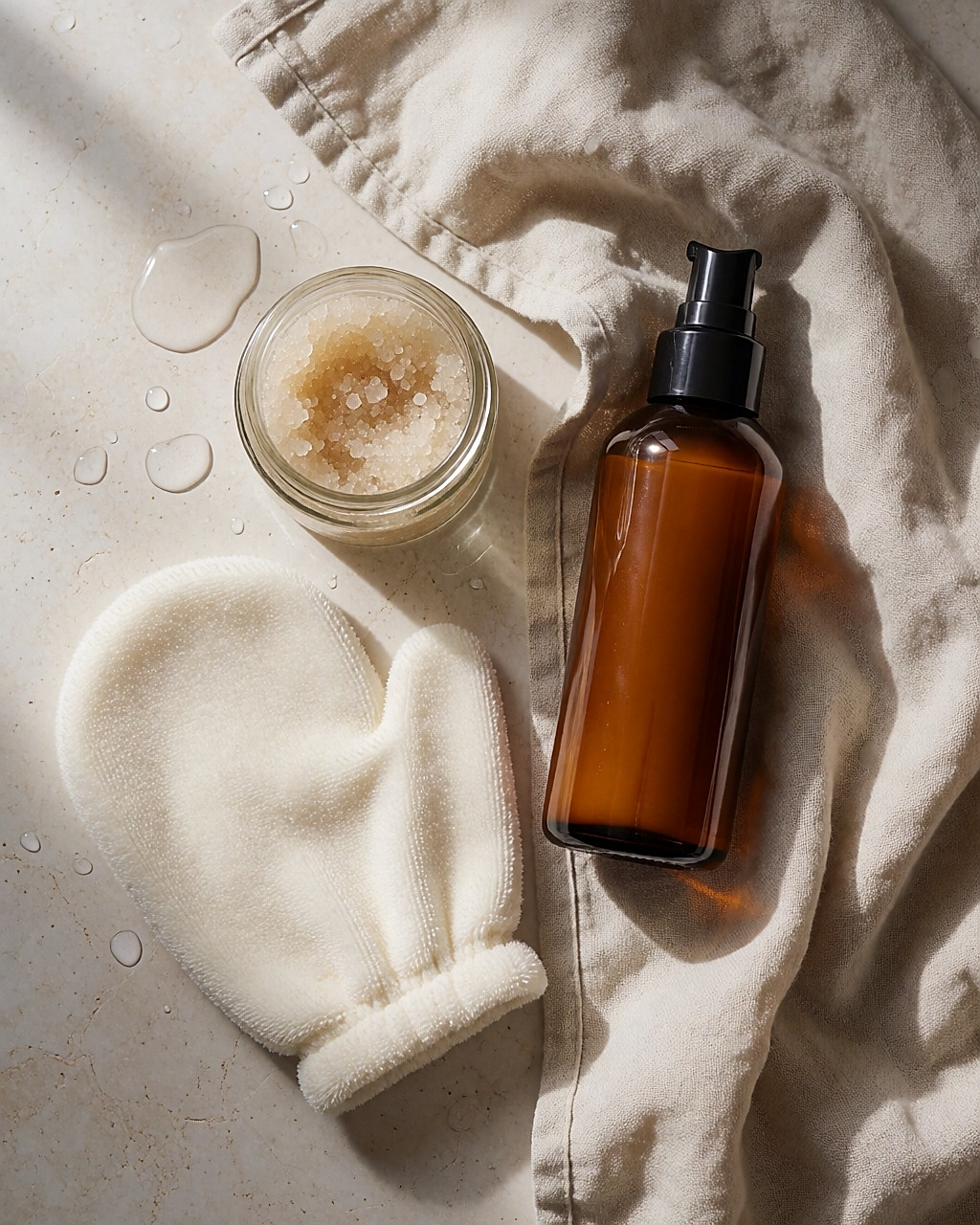 Vue de dessus : gommage au sucre en pot de verre, gant exfoliant en coton et flacon d'autobronzant