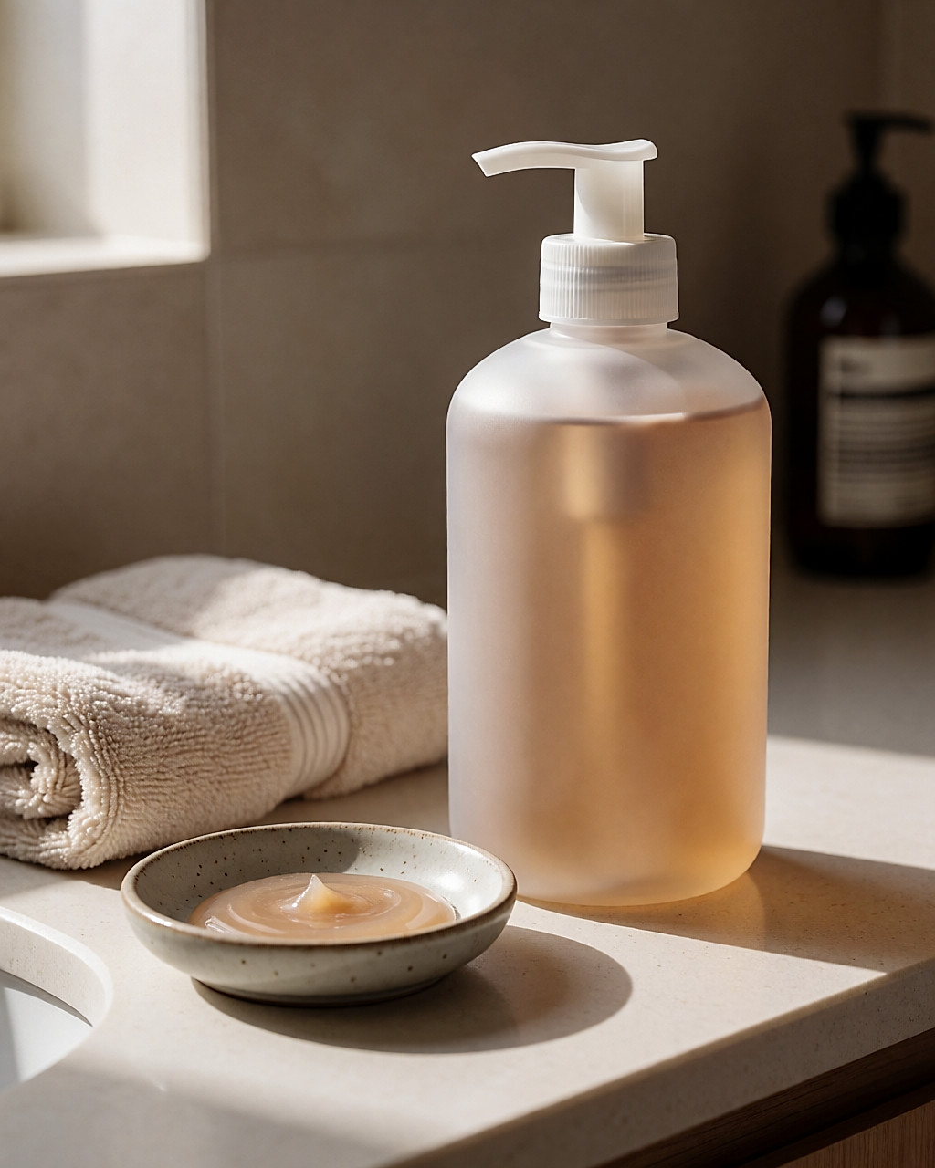 Grand flacon pompe d'autobronzant corps et sa texture gel translucide sur une coupelle, salle de bain claire