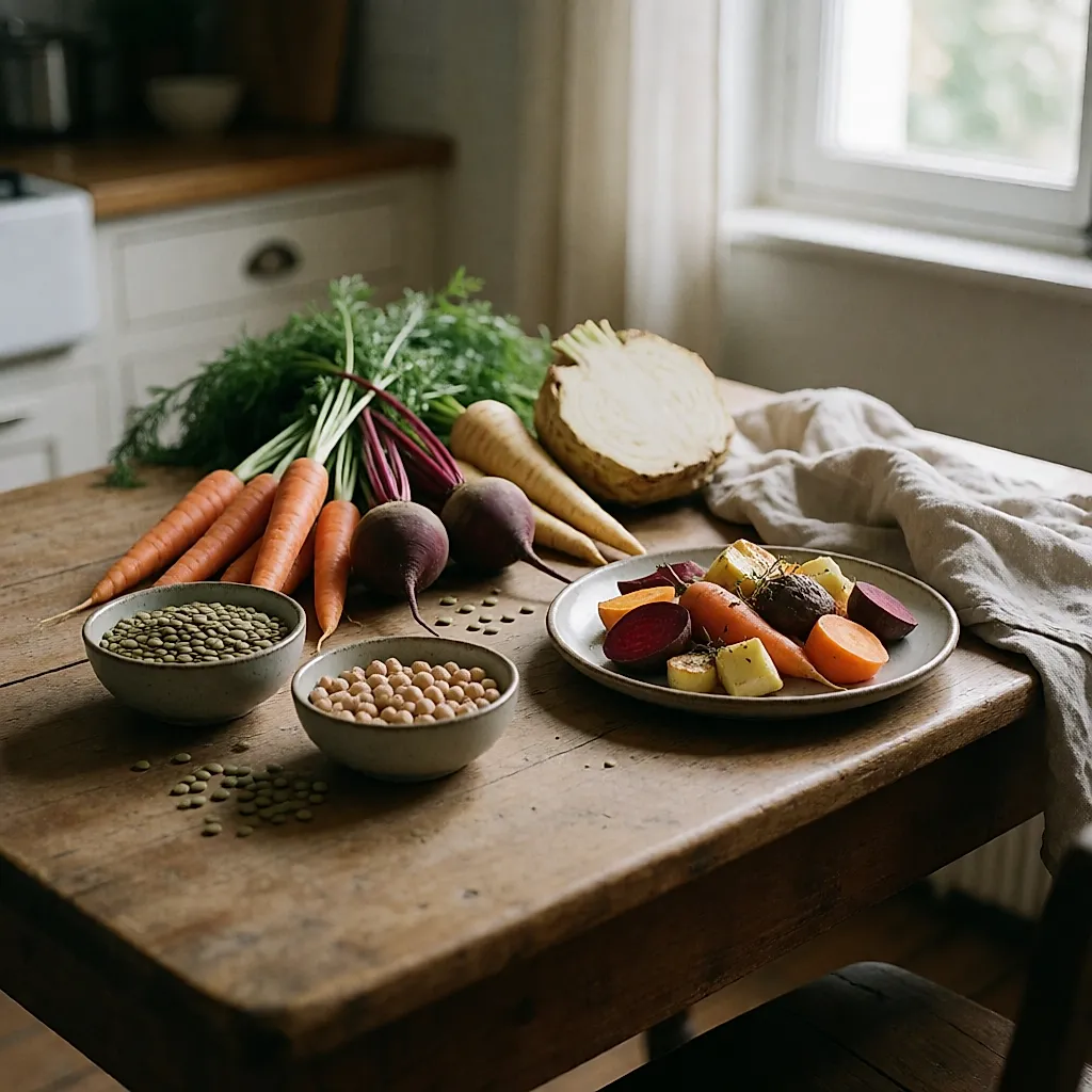 Legumes de raiz, lentilhas e grão-de-bico numa mesa de cozinha