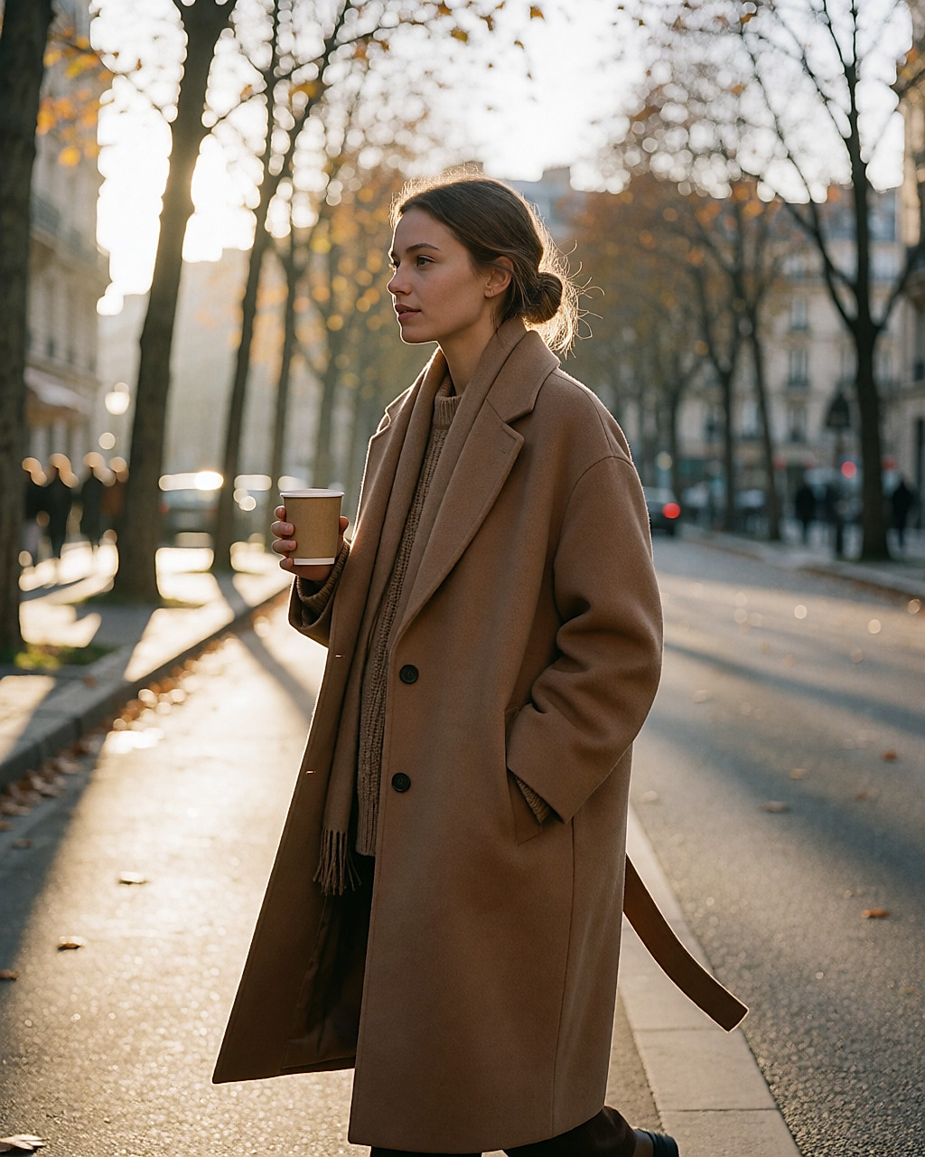 Jeune femme en manteau camel marchant dans une rue calme au lever du jour, gobelet de café à la main