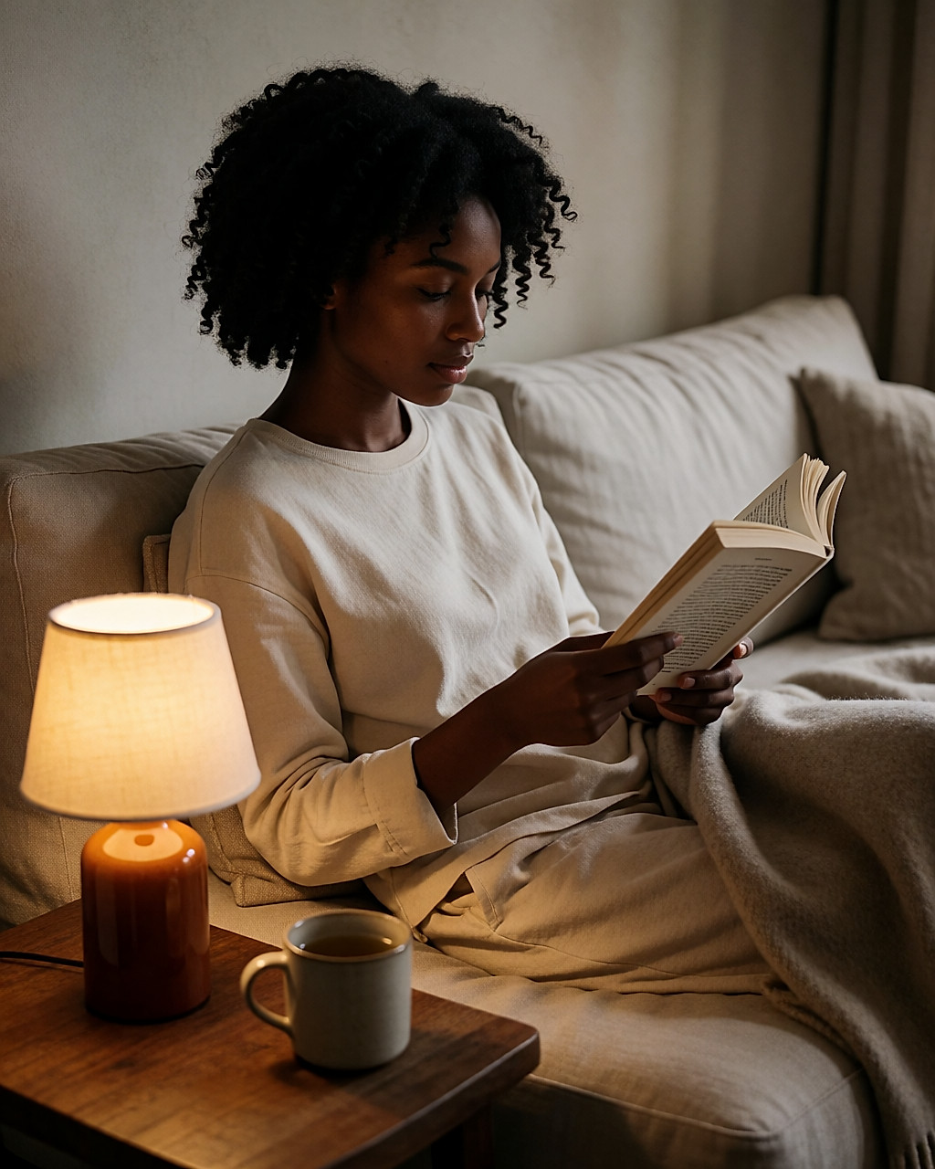 Jeune femme lisant un livre sur un canapé, éclairée par une lampe chaude dans un salon tamisé
