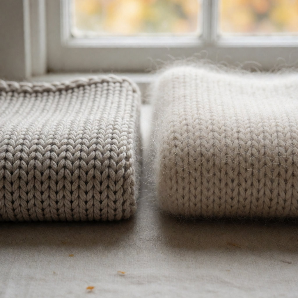 Comparaison en gros plan d'une maille serrée et d'une maille brossée au duvet visible